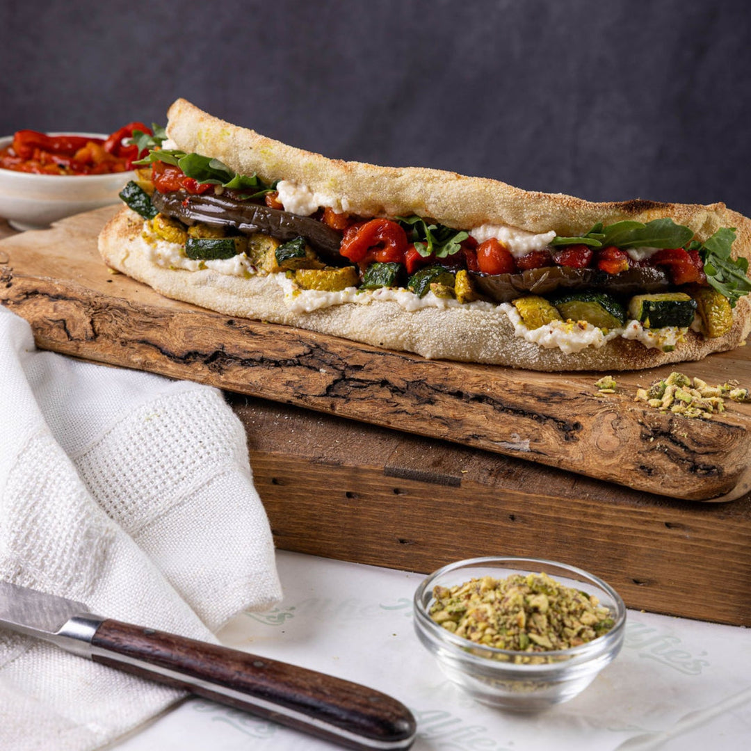 vegetarian sandwich with roast peppers, eggplant, Parmesan